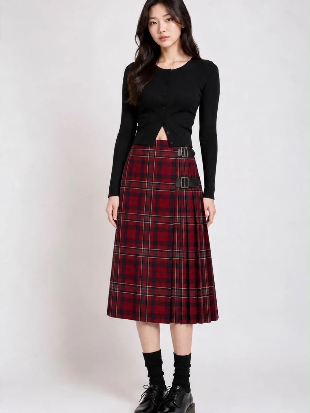 Burberry Red Tartan Midi Wrap Skirt with Buckle Accents